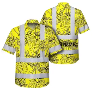 Hi Vis Hawaiian Shirt Reflective Tapes Yellow Neon Flowers Custom Name Safety Workwear For Workers, Truckers, Operators
