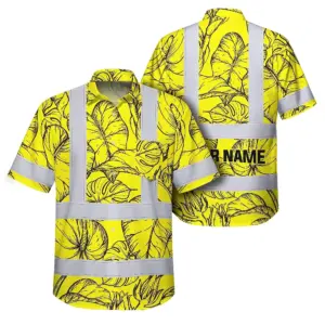 Hi Vis Hawaiian Shirt Reflective Tapes Yellow Neon Flowers Custom Name Safety Workwear For Workers, Truckers, Operators
