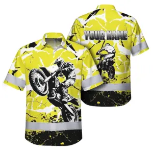 Hi Vis Hawaiian Shirt Reflective Tapes Yellow Neon Motobike Custom Name Safety Workwear For Bikers, Workers, Truckers, Operators