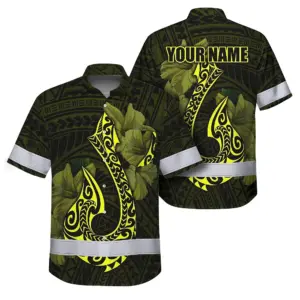 Hi Vis Hawaiian Shirt Reflective Tapes Yellow Neon Polynesian Anchor Custom Name Safety Workwear For Workers, Truckers, Operators