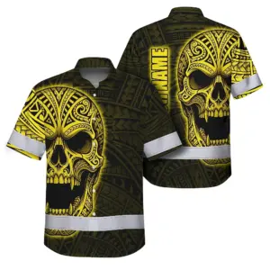 Hi Vis Hawaiian Shirt Reflective Tapes Yellow Neon Polynesian Half Skull Custom Name Safety Workwear For Workers, Truckers, Operators