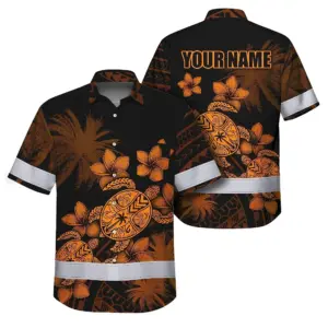 Hi Vis Hawaiian Shirt Reflective Tapes Yellow Neon Turtle Polynesian Tribal Custom Name Safety Workwear For Workers, Truckers, Operators
