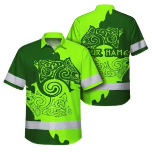 Hi Vis Hawaiian Shirt Reflective Viking Green and Lime Neon Custom Safety Workwear For Truckers, Operators, Skull Lover