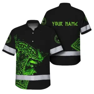 Hi Vis Hawaiian Shirt Reflective Viking Raven Hammer Green Neon Custom Name For Skull Lover