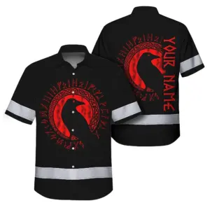 Hi Vis Hawaiian Shirt Reflective Viking Raven Red Neon Custom Safety Workwear For Skull Lover, Workers, Truckers