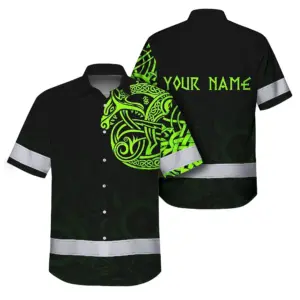 Hi Vis Hawaiian Shirt Reflective Viking Wolf Green Neon Custom Name Safety Workwear For Workers, Truckers