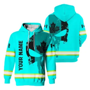 Hi Vis Hoodie Reflective Blue Neon Skull With Canada Flag Custom Name Safety Workwear For Worker, Operator, Patriotic