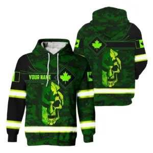 Hi Vis Hoodie Reflective Canada Flag Camo Green Neon Skull Custom Name Safety Workwear For Worker, Operator, Patriotic