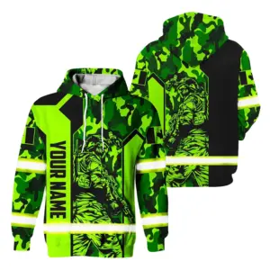 Hi Vis Hoodie Reflective Canada Flag Green Neon Veteran 2 Custom Name Safety Workwear For Worker, Operator, Patriotic