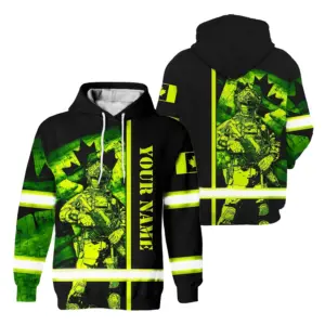 Hi Vis Hoodie Reflective Canada Flag Lime Neon Soldier Custom Name Safety Workwear For Worker, Operator, Patriotic