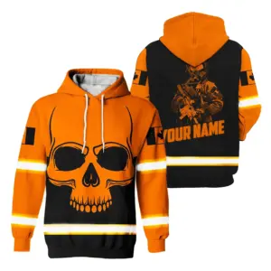 Hi Vis Hoodie Reflective Canada Flag Orange Neon Skull Custom Name Safety Workwear For Worker, Operator, Patriotic