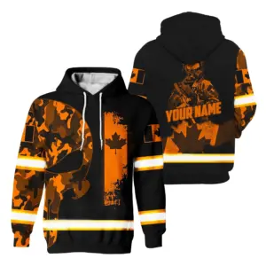 Hi Vis Hoodie Reflective Canada Flag Orange Neon Soldier Custom Name Safety Workwear For Worker, Operator, Patriotic