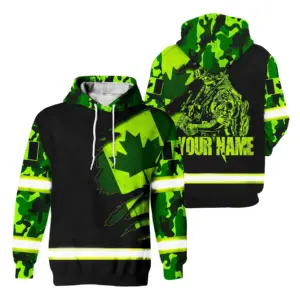 Hi Vis Hoodie Reflective Canada Flag Scratch Green Neon Veteran Custom Name Safety Workwear For Worker, Operator, Patriotic