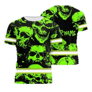 Hi Vis Hoodie Reflective Green Neon Pattern Skull Custom Name Safety Workwear For Workers, Truckers, Operators