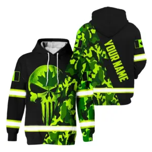 Hi Vis Hoodie Reflective Green Neon Skull Camo Canada Flag Custom Name Safety Workwear For Worker, Operator, Patriotic