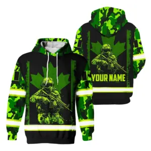 Hi Vis Hoodie Reflective Green Neon Veteran Canada Flag Custom Name Safety Workwear For Worker, Operator, Patriotic