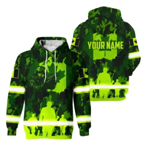 Hi Vis Hoodie Reflective Green Neon Veteran Canada Flag Scratch Custom Name Safety Workwear For Worker, Operator, Patriotic
