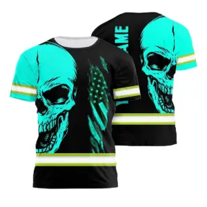 Hi Vis Hoodie Reflective Mint Neon Skull USA Flag Custom Name Safety Workwear For Workers, Truckers, Operators