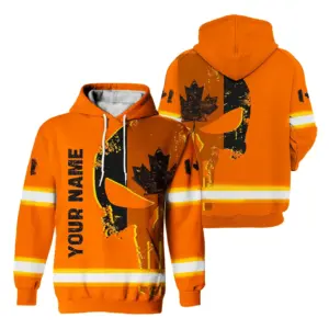 Hi Vis Hoodie Reflective Orange Neon Skull With Canada Flag Custom Name Safety Workwear For Worker, Operator, Patriotic