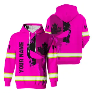 Hi Vis Hoodie Reflective Pink Neon Skull With Canada Flag Custom Name Safety Workwear For Worker, Operator, Patriotic