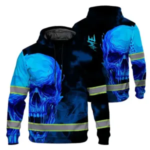 Hi Vis Hoodie Reflective Tapes Black And Blue Skull Custom Name Safety Workwear For Workers, Truckers, Operators