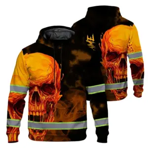 Hi Vis Hoodie Reflective Tapes Black And Orange Skull Custom Name Safety Workwear For Workers, Truckers, Operators