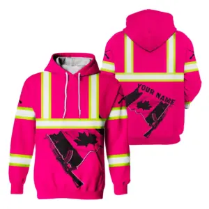 Hi Vis Hoodie Reflective Tapes Black And Pink Neon Gun Canada Flag Custom Name Safety Workwear For Worker, Operator, Patriotic