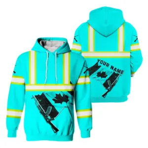 Hi Vis Hoodie Reflective Tapes Black Blue Neon Gun Canada Flag Custom Name Safety Workwear For Worker, Operator, Patriotic