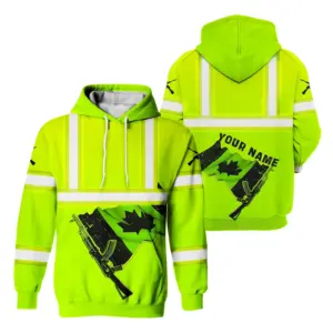 Hi Vis Hoodie Reflective Tapes Black Green Neon Gun Canada Flag Custom Name Safety Workwear For Worker, Operator, Patriotic