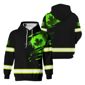 Hi Vis Hoodie Reflective Tapes Black Green Neon Scratch Canada Flag Custom Name Safety Workwear For Worker, Operator, Patriotic