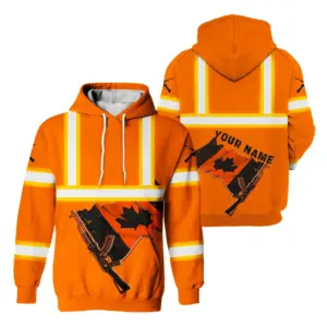 Hi Vis Hoodie Reflective Tapes Black Orange Neon Gun Canada Flag Custom Name Safety Workwear For Worker, Operator, Patriotic