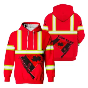 Hi Vis Hoodie Reflective Tapes Black Red Neon Gun Canada Flag Custom Name Safety Workwear For Worker, Operator, Patriotic