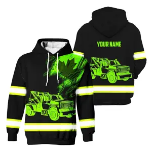 Hi Vis Hoodie Reflective Tapes Black Tow Truck Driver Canada Flag Custom Name Safety Workwear For Worker, Operator, Patriotic