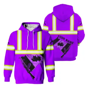 Hi Vis Hoodie Reflective Tapes Black Violet Neon Gun Canada Flag Custom Name Safety Workwear For Worker, Operator, Patriotic