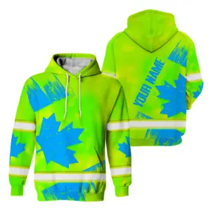 Hi Vis Hoodie Reflective Tapes Blue Green Canada Flag Custom Name Safety Workwear For Worker, Operator, Patriotic