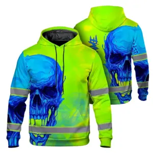 Hi Vis Hoodie Reflective Tapes Blue Green Skull Custom Name Safety Workwear For Workers, Truckers, Operators