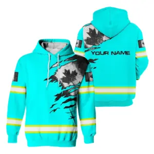 Hi Vis Hoodie Reflective Tapes Blue Neon Scratch Canada Flag Custom Name Safety Workwear For Worker, Operator, Patriotic
