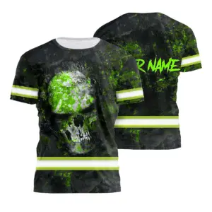Hi Vis Hoodie Reflective Tapes Blue Neon Skull Custom Name Safety Workwear For Workers, Truckers, Operators