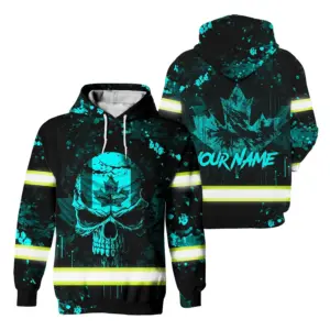 Hi Vis Hoodie Reflective Tapes Blue Neon Skull Paint Flakes Canada Flag Custom Name Safety Workwear For Worker, Operator, Patriotic