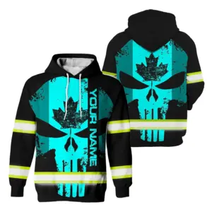 Hi Vis Hoodie Reflective Tapes Blue Neon Skull With Canada Flag Custom Name Safety Workwear For Worker, Operator, Patriotic