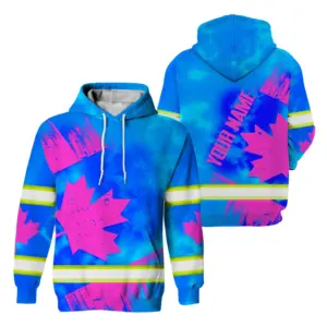 Hi Vis Hoodie Reflective Tapes Blue Pink Canada Flag Custom Name Safety Workwear For Worker, Operator, Patriotic