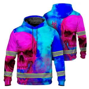 Hi Vis Hoodie Reflective Tapes Blue Pink Skull Custom Name Safety Workwear For Workers, Truckers, Operators