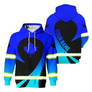 Hi Vis Hoodie Reflective Tapes Gradient Blue Neon Canada Flag Custom Name Safety Workwear For Worker, Operator, Patriotic