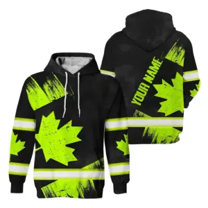 Hi Vis Hoodie Reflective Tapes Green Black Canada Flag Custom Name Safety Workwear For Worker, Operator, Patriotic