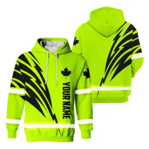 Hi Vis Hoodie Reflective Tapes Green Black Canada Flag Custom Name Safety Workwear For Worker, Operator, Patriotic