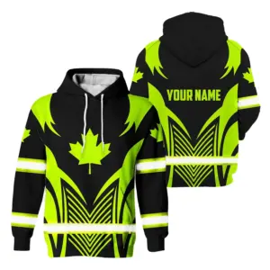 Hi Vis Hoodie Reflective Tapes Green Black Neon Canada Flag Custom Custom Name Safety Workwear For Worker, Operator, Patriotic