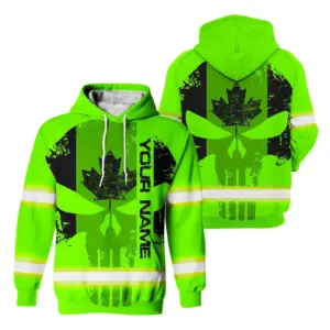 Hi Vis Hoodie Reflective Tapes Green Black Neon Skull With Canada Flag Custom Name Safety Workwear For Worker, Operator, Patriotic