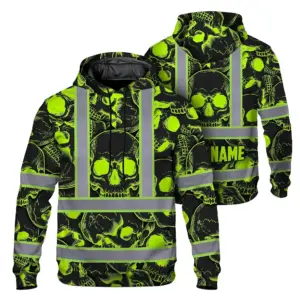Hi Vis Hoodie Reflective Tapes Green Neon Black Skull Custom Name Safety Workwear For Workers, Truckers, Operators