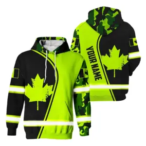 Hi Vis Hoodie Reflective Tapes Green Neon Canada Flag Camo Construction Custom Name Safety Workwear For Worker, Operator, Patriotic