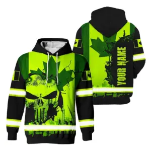 Hi Vis Hoodie Reflective Tapes Green Neon Canada Flag Skull Construction Custom Name Safety Workwear For Worker, Operator, Patriotic